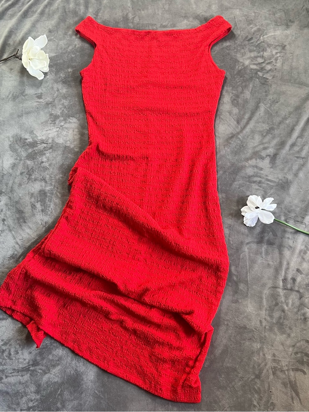 Mango Red Textured One-Shoulder Dress